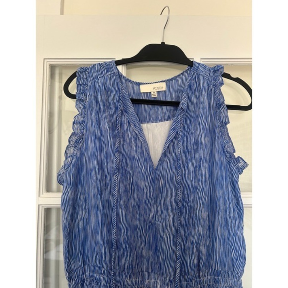 Pinch Ruffle Dress Tiered Striped Sleeveless Blue White Size M - Picture 6 of 8